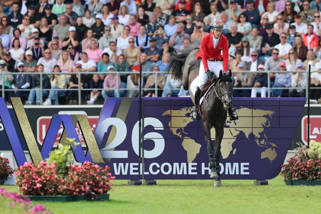 Daniel Deusser (GER, Deutschland) mit Pferd Otello de Guldenboom am WM-Sprung, WM-Mauer, WM-Hindernis, Springen, FEI Jumping World Championship, WM, Weltmeisterschaft , FEI Jumping World Championship, Competition Individual Final, Longines-Prize, Longines-Preis, Finale Einzelwertung, Jumping , AACHEN - FEI World Championships 2026, Weltfest des Pferdesports, Reitsport Weltmeisterschaft 2026, Aachen 2026, Welcome Home 2026, Aachener Soers, 11. bis 23. August 2026, Reitsport, 23.08.2026, Aachen Aachener Soers Deutschland
