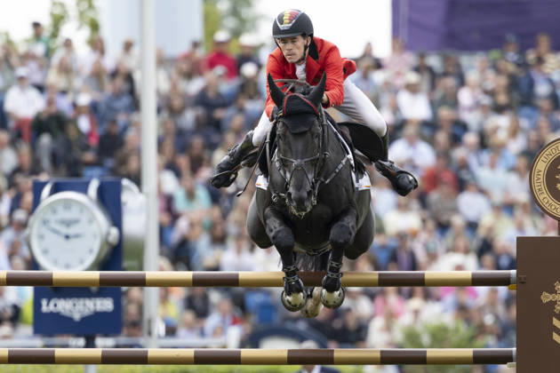 Thibeau SPITS (BEL) auf Impress-K van t Kattenheye Z, im Sprung, Einzelbild, Einzelaktion, im Springen S3, Umlauf A, FEI Jumping World Championship, WM, Weltmeisterschaft - Individual Final - LONGINES-Preis, am 23.08.2026, FEI Reit Weltmeisterschaft Aachen 2026 vom 11. - 23.08.2026 in Aachen Deutschland; Â