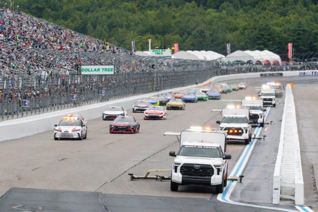 LOUDON, NH - AUGUST 23: The pace car leads the field for some extra parade laps, as track doing continues prior to the start of the NASCAR, Motorsport, USA Cup Series Dollar Tree 301 on August 23, 2026, at New Hampshire Motor Speedway in Loudon, NH. (Photo by David Hahn Icon Sportswire) AUTO: AUG 23 NASCAR Cup Series Dollar Tree 301 EDITORIAL USE ONLY Icon260823005
