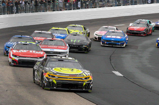 LOUDON, NH - AUGUST 23: Shane Van Gisbergen ( 97 Trackhouse Racing Superfile Chevrolet) leads the field into turn 2 during the NASCAR, Motorsport, USA Cup Series Dollar Tree 301 on August 23, 2026, at New Hampshire Motor Speedway in Loudon, NH. (Photo by David Hahn Icon Sportswire) AUTO: AUG 23 NASCAR Cup Series Dollar Tree 301 EDITORIAL USE ONLY Icon260823011