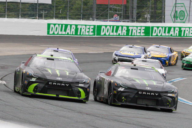 LOUDON, NH - AUGUST 23: Monster Energy drivers, Riley Herbst ( 35 23XI Racing Monster Energy Toyota) and Ty Gibbs ( 54 Joe Gibbs Racing Monster Energy Toyota) race side by side out of turn 2 during the NASCAR, Motorsport, USA Cup Series Dollar Tree 301 on August 23, 2026, at New Hampshire Motor Speedway in Loudon, NH. (Photo by David Hahn Icon Sportswire) AUTO: AUG 23 NASCAR Cup Series Dollar Tree 301 EDITORIAL USE ONLY Icon260823015