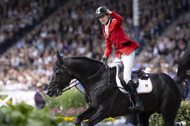 Thibeau SPITS (BEL) auf Impress-K van t Kattenheye Z, Freude, Lachen, geballte Faust, nach dem Zielsprung, gewinnt Silber, Einzelaktion, Aktion, Springen S3, Umlauf B, FEI Jumping World Championship, WM, Weltmeisterschaft - Individual Final - LONGINES-Preis, am 23.08.2026, FEI Reit Weltmeisterschaft Aachen 2026 vom 11. - 23.08.2026 in Aachen Deutschland; Â