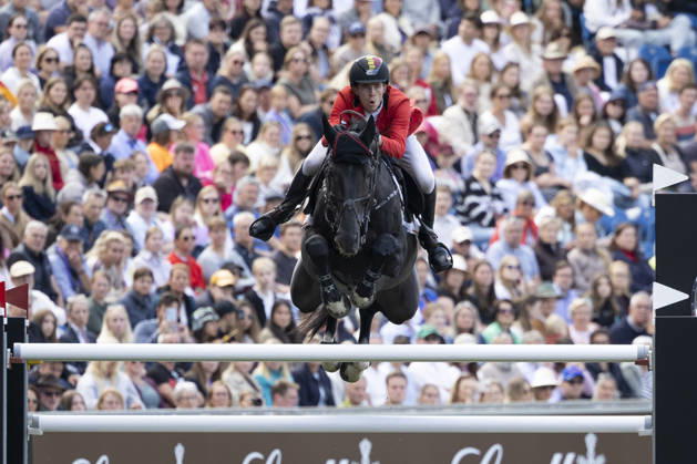 Thibeau SPITS (BEL) auf Impress-K van t Kattenheye Z, im Sprung ueber den Zielsprung, gewinnt Silber, Einzelbild, Einzelaktion, Aktion, Springen S3, Umlauf B, FEI Jumping World Championship, WM, Weltmeisterschaft - Individual Final - LONGINES-Preis, am 23.08.2026, FEI Reit Weltmeisterschaft Aachen 2026 vom 11. - 23.08.2026 in Aachen Deutschland; Â