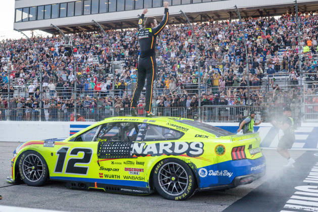 LOUDON, NH - AUGUST 23: Ryan Blaney ( 12 Team Penske Menards Dutch Boy Ford) celebrates winning the NASCAR, Motorsport, USA Cup Series Dollar Tree 301 on August 23, 2026, at New Hampshire Motor Speedway in Loudon, NH. (Photo by David Hahn Icon Sportswire) AUTO: AUG 23 NASCAR Cup Series Dollar Tree 301 EDITORIAL USE ONLY Icon260823021