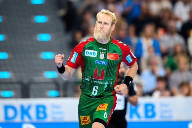 Muenchen: HBL Super Cup 2026 - SC Magdeburg - Fuechse Berlin Matthias Musche (SC Magdeburg) Jubel Freude Emotion Torjubel Torschuetze Torschütze Muenchen SAP Garden Bayern Deutschland