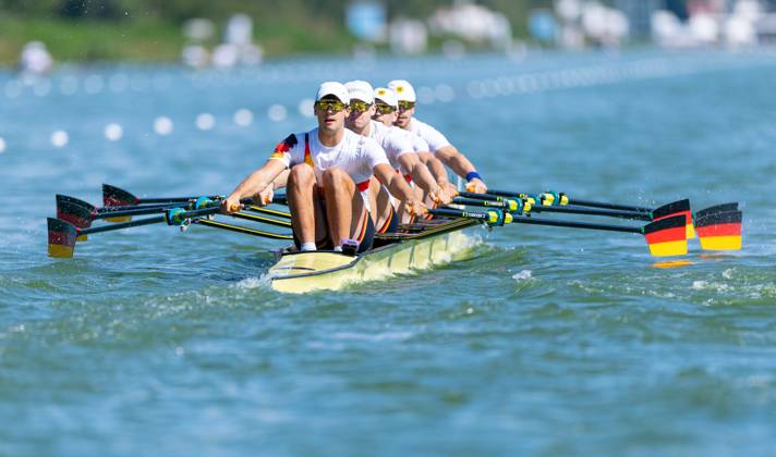 AMSTERDAM - Marc Weber, Felix Heinrich, Jonas Gelsen and Ole Hohensee (GER) during the heats of the men s double sculls on the second day of the World Rowing Championships at the Bosbaan in the Amsterdam Forest. IRIS VAN DEN BROEK ANP xVIxANPxSportx xxANPxIVx 566248864 originalFilename: 566248864.jpg
