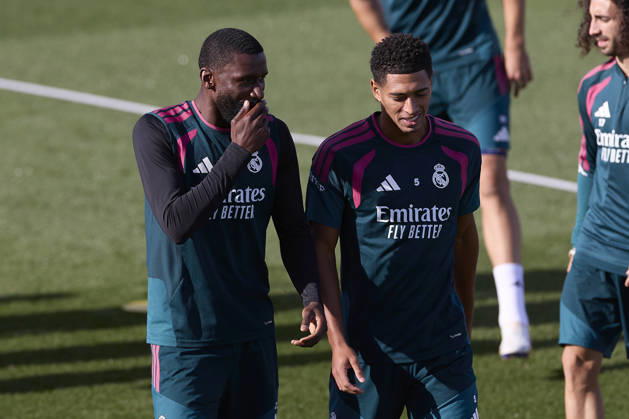 ESP: Real Madrid Training day Antonio Rudiger and Jude Bellingham of Real Madrid during the training day of Real Madrid ahead the Spanish League, LaLiga EA Sports, football match against Real Sociedad at Ciudad Deportiva Real Madrid in Valdebebas, Madrid on August 25, 2026, Spain Madrid Spain Copyright: xAgenciaxLOFx