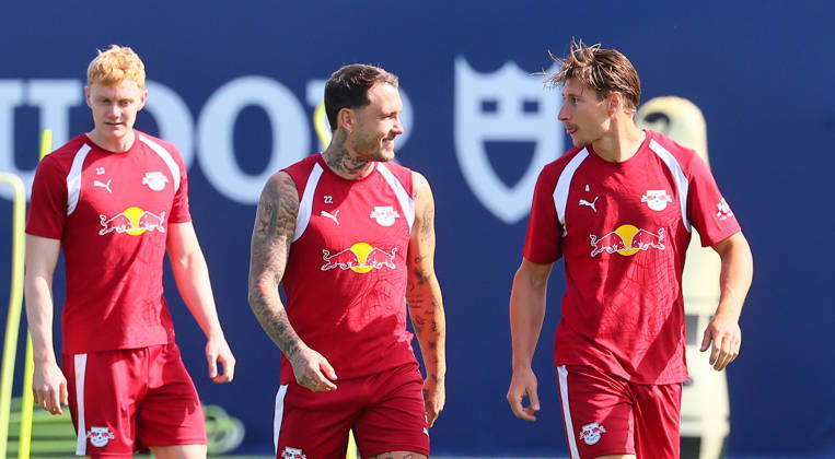 RB Leipzig - Training Bundesliga Leipzig, 25.08.2026, Trainingszentrum Cottaweg, Fußball Bundesliga , RB LEIPZIG - Training, Saisonvorbereitung zur Saison 2026 27 , Im Bild v.l.: Nicolas Seiwald, David Raumr und Willi Orban ,