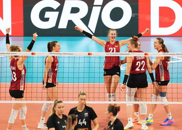 Hungary v Germany - CEV EuroVolley 2026 ISTANBUL, TURKIYE - AUGUST 25: Players of Germany celebrate after winning the CEV EuroVolley 2026 Women Group A match between Hungary and Germany at Sinan Erdem Sports Hall, on August 25, 2026 in Istanbul, Turkiye. Esra Bilgin Anadolu Istanbul Turkey. Editorial use only. Please get in touch for any other usage.  Copyright: x2026xAnadoluxEsraxBilginx
