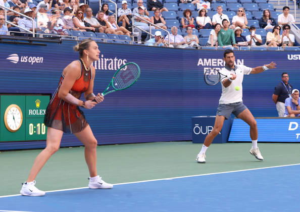 August 25, 2026, New York City, New York, USA: NOVAK DJOKOVIC (Serbia) and ARYNA SABALENKA during the match mixed doubles round 1 16 final of US Open against H. Patten (Great Britain) and K. Siniakova (Czech Republic). New York, USA. Tennis: US Open - Aryna Sabalenka, Novak Djokovic Double Mix  - ZUMAc278 20260825_zsp_c278_017 Copyright: xMarcinxCholewinskix