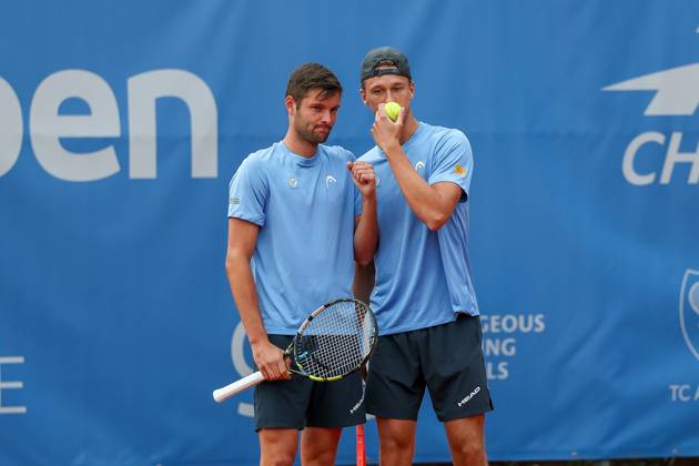 l-r: Im Bild: Noah Thurner (GER) und Tom Bittner (GER), Alec Beckley (ZAF) Vasilios Caripi (ZAF) vs. Tom Bittner (GER) Noah Thurner (GER), ATP, Tennis Herren Challenger Schwaben Open, Herren, Doppel, Tennis, Achtelfinale, 25.08.2026 Augsburg Bayern Deutschland