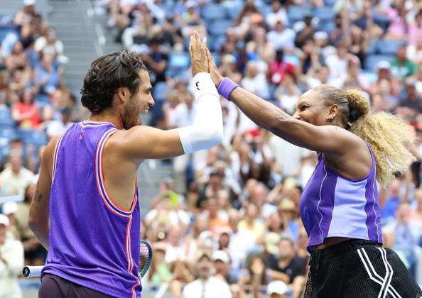 August 25, 2026, New York City, New York, USA: CARLOS ALCARAZ of Spain and SERENA WILLIAMS of USA during the match in the first round mixed doubles of US Open against E. Routliffe of New Zealand and L. Glasspool of Great Britain. New York, USA. New York City USA - ZUMAc278 20260825_zsp_c278_043 Copyright: xMarcinxCholewinskix