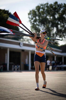 RECORD DATE NOT STATED 26th August 2026; Bosbaan, Amsterdam, Holland, Netherlands; 2026 World Rowing Championships, Day Three; Tinka Offereins of the Dutch Womens Four (W4-), in the boat park AnthonyxBenoit