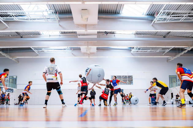 26.08.2026, GER, Kinball Kin-Ball, Frauen Maenner, Saison 26, European Cup 2026 International Open Erfurt Team Deutschland sind in ihrem ersten Spiel des Turniers auf Spanien sowie dem Switzerland getroffen. 99089 Erfurt Sporthalle Sportanlage Rieths Thüringen Deutschland