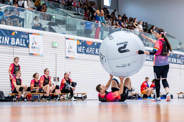 26.08.2026, GER, Kinball Kin-Ball, Frauen Maenner, Saison 26, European Cup 2026 International Open Erfurt Die Erfurter Lachse sind in ihrem ersten Spiel des Turniers auf die TSG Dissen sowie dem TSV Bobingen getroffen. 99089 Erfurt Sporthalle Sportanlage Rieths Thüringen Deutschland