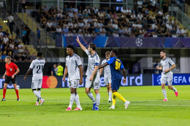 Rahim Ibrahim of SK Slovan Bratislava, Andraz Sporar of SK Slovan Bratislava and Yaya Dukuly of Celje seen during UEFA Champions league second leg play-off game between teams of SK Slovan Bratislava and Celje (Dominika Kortvelyesiova Ball Raw Images) Celje Stadion Celje Slovenia Copyright: xDominikaxKortvelyesiovax DKOR3631