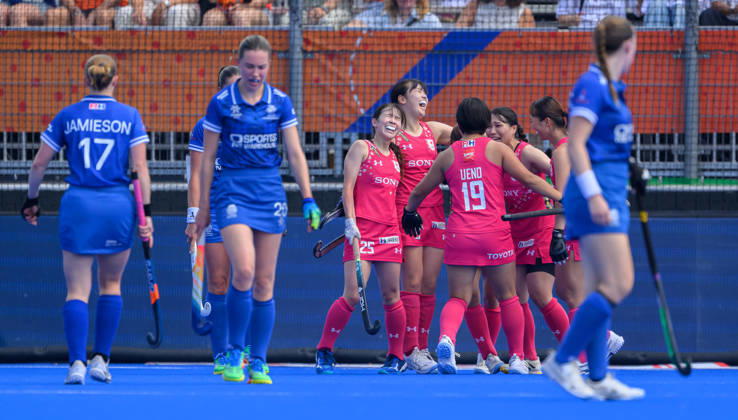 Hockey World Cup Semi Final Japan celebrate a second goal against Scotland during the 11 12th classification match in the 2026 Womens FIH Hockey World Cup at Wagener Stadium, Amstelveen 27 08 2026 UK Newspapers OUT Copyright: xGraemexWilcocksonx FIL-23842-0029