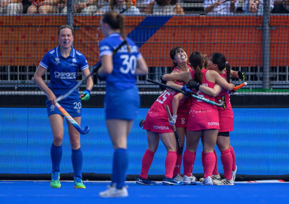 Hockey World Cup Semi Final Japan celebrate a second goal against Scotland during the 11 12th classification match in the 2026 Womens FIH Hockey World Cup at Wagener Stadium, Amstelveen 27 08 2026 UK Newspapers OUT Copyright: xGraemexWilcocksonx FIL-23842-0030