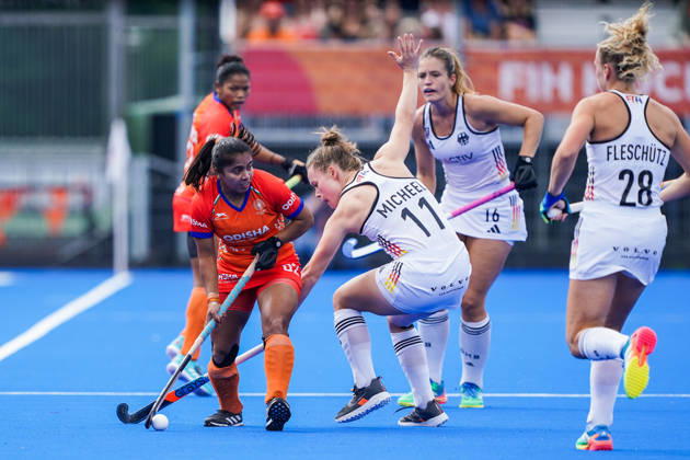 2026-08-27 India v Germany - FIH Hockey World Cup AMSTELVEEN, NETHERLANDS - AUGUST 27: Neha of India, Lena Micheel of Germany, Sonja Zimmermann of Germany, Jette Fleschütz of Germany during the FIH Hockey World Cup match between India and Germany at Wagener Stadion on August 27, 2026 in Amstelveen, Netherlands. Amstelveen Wagener Stadion Netherlands Content not available for redistribution in The Netherlands directly or indirectly through any third parties. Copyright: xAndrexWeeningx