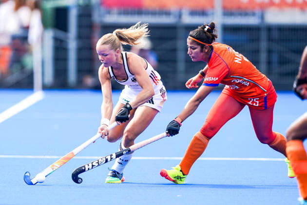 2026-08-27 India v Germany - FIH Hockey World Cup AMSTELVEEN, NETHERLANDS - AUGUST 27: Emma Davidsmeyer of Germany, Navneet Kaur of India during the FIH Hockey World Cup match between India and Germany at Wagener Stadion on August 27, 2026 in Amstelveen, Netherlands. Amstelveen Wagener Stadion Netherlands Content not available for redistribution in The Netherlands directly or indirectly through any third parties. Copyright: xAndrexWeeningx