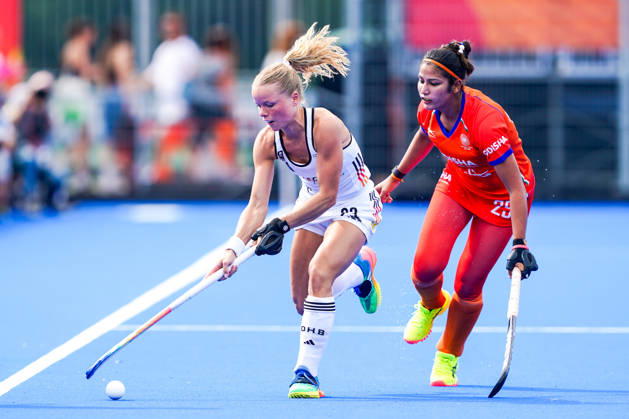 2026-08-27 India v Germany - FIH Hockey World Cup AMSTELVEEN, NETHERLANDS - AUGUST 27: Emma Davidsmeyer of Germany, Navneet Kaur of India during the FIH Hockey World Cup match between India and Germany at Wagener Stadion on August 27, 2026 in Amstelveen, Netherlands. Amstelveen Wagener Stadion Netherlands Content not available for redistribution in The Netherlands directly or indirectly through any third parties. Copyright: xAndrexWeeningx