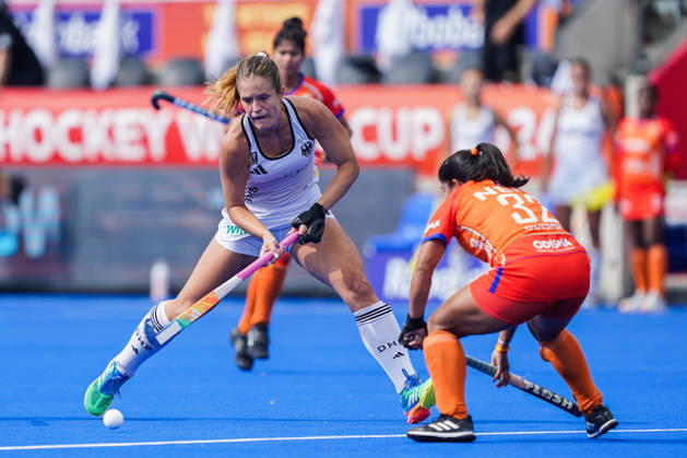 2026-08-27 India v Germany - FIH Hockey World Cup AMSTELVEEN, NETHERLANDS - AUGUST 27: Sonja Zimmermann of Germany, Neha of India during the FIH Hockey World Cup match between India and Germany at Wagener Stadion on August 27, 2026 in Amstelveen, Netherlands. Amstelveen Wagener Stadion Netherlands Content not available for redistribution in The Netherlands directly or indirectly through any third parties. Copyright: xAndrexWeeningx
