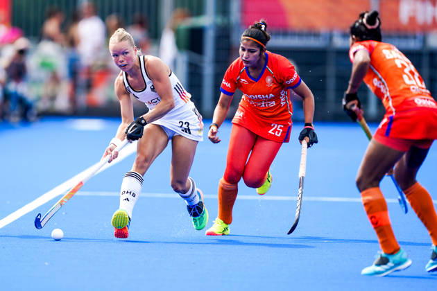 2026-08-27 India v Germany - FIH Hockey World Cup AMSTELVEEN, NETHERLANDS - AUGUST 27: Emma Davidsmeyer of Germany, Navneet Kaur of India during the FIH Hockey World Cup match between India and Germany at Wagener Stadion on August 27, 2026 in Amstelveen, Netherlands. Amstelveen Wagener Stadion Netherlands Content not available for redistribution in The Netherlands directly or indirectly through any third parties. Copyright: xAndrexWeeningx