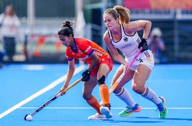 2026-08-27 India v Germany - FIH Hockey World Cup AMSTELVEEN, NETHERLANDS - AUGUST 27: Baljeet Kaur of India, Sonja Zimmermann of Germany during the FIH Hockey World Cup match between India and Germany at Wagener Stadion on August 27, 2026 in Amstelveen, Netherlands. Amstelveen Wagener Stadion Netherlands Content not available for redistribution in The Netherlands directly or indirectly through any third parties. Copyright: xAndrexWeeningx