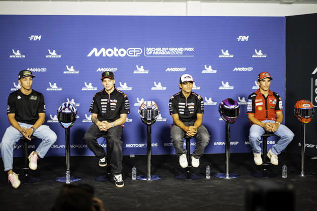 August 27, 2026, Alcaniz, Aragon, Spain: Raul Fernandez of the Trackhouse,Marco Bezzecchi of the Aprilia Racing Team,Jorge Martin of the Aprilia Racing Team and Marc Marquez of the Ducati Lenovo Team during an interview at the Michelin Grand Prix of Aragon on August 27, 2026, in Aragon, Spain. MOTOGP 2026: Michelin Grand Prix Of Aragon  - ZUMAr200 20260827_zsp_r200_018 Copyright: xNunoxReisinhox
