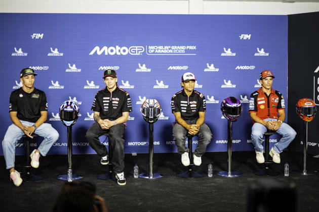 August 27, 2026, Alcaniz, Aragon, Spain: Raul Fernandez of the Trackhouse,Marco Bezzecchi of the Aprilia Racing Team,Jorge Martin of the Aprilia Racing Team and Marc Marquez of the Ducati Lenovo Team during an interview at the Michelin Grand Prix of Aragon on August 27, 2026, in Aragon, Spain. MOTOGP 2026: Michelin Grand Prix Of Aragon  - ZUMAr200 20260827_zsp_r200_019 Copyright: xNunoxReisinhox