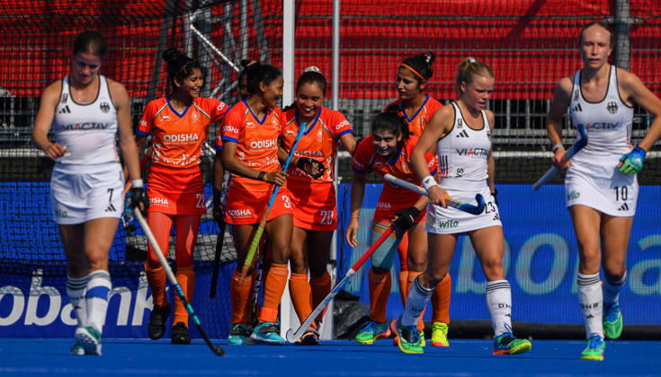 Hockey World Cup Semi Final India celebrate their third goal during the 5 6th classification match between India and Germany in the 2026 Womens FIH Hockey World Cup at Wagener Stadium, Amstelveen 27 08 2026 UK Newspapers OUT Copyright: xGraemexWilcocksonx FIL-23842-0039