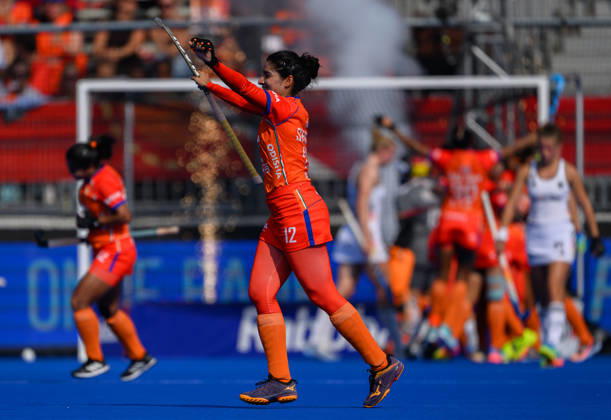Hockey World Cup Semi Final Shilpi Dabas of India celebrates the team™s third goal during the 5 6th classification match between India and Germany in the 2026 Womens FIH Hockey World Cup at Wagener Stadium, Amstelveen 27 08 2026 UK Newspapers OUT Copyright: xGraemexWilcocksonx FIL-23842-0040