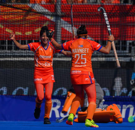 Hockey World Cup Semi Final Navneet Kaur celebrates her first goal and the team™s second with team mate Ishika during the 5 6th classification match between India and Germany in the 2026 Womens FIH Hockey World Cup at Wagener Stadium, Amstelveen 27 08 2026 UK Newspapers OUT Copyright: xGraemexWilcocksonx FIL-23842-0042