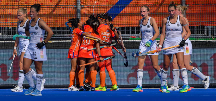 Hockey World Cup Semi Final India celebrate their first goal during the 5 6th classification match between India and Germany in the 2026 Womens FIH Hockey World Cup at Wagener Stadium, Amstelveen 27 08 2026 UK Newspapers OUT Copyright: xGraemexWilcocksonx FIL-23842-0043