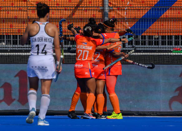 Hockey World Cup Semi Final India celebrate their first goal against Germay during the 5 6th classification match between India and Germany in the 2026 Womens FIH Hockey World Cup at Wagener Stadium, Amstelveen 27 08 2026 UK Newspapers OUT Copyright: xGraemexWilcocksonx FIL-23842-0044