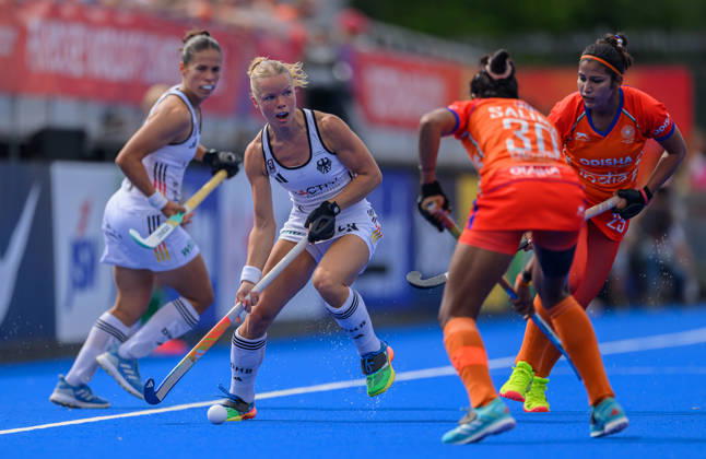 Hockey World Cup Semi Final Emma Davidsmeyer of Germany looks for a way past Salima Tete (C) during the 5 6th classification match between India and Germany in the 2026 Womens FIH Hockey World Cup at Wagener Stadium, Amstelveen 27 08 2026 UK Newspapers OUT Copyright: xGraemexWilcocksonx FIL-23842-0051