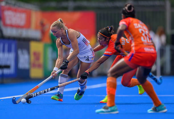 Hockey World Cup Semi Final Emma Davidsmeyer of Germany is tackled by Navneet Kaur of India during the 5 6th classification match between India and Germany in the 2026 Womens FIH Hockey World Cup at Wagener Stadium, Amstelveen 27 08 2026 UK Newspapers OUT Copyright: xGraemexWilcocksonx FIL-23842-0052