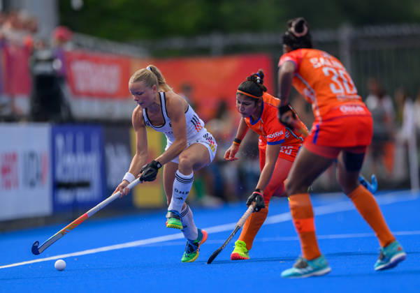 Hockey World Cup Semi Final Emma Davidsmeyer works her way past Navneet Kaur and Salima Tete (C) of India during the 5 6th classification match between India and Germany in the 2026 Womens FIH Hockey World Cup at Wagener Stadium, Amstelveen 27 08 2026 UK Newspapers OUT Copyright: xGraemexWilcocksonx FIL-23842-0055