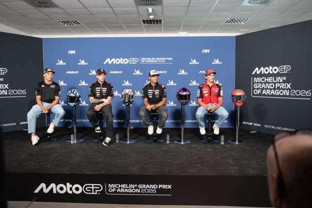RECORD DATE NOT STATED MotoGP, 13th round of the World Championship, WM, Weltmeisterschaft in Aragon. Aragon (Spain), 27 08 2026 - Raul Fernandez (25), rider for the Superfile Trackhouse MotoGP Team, Marco Bezzecchi (72), rider for Aprilia Racing, Jorge Martin (89), rider for Aprilia Racing and Marc Marquez (93), rider for the Ducati Lenovo Team, during the press conference, PK, Pressekonferenz for the 13th round of the MotoGP World Championship, Aragon Grand Prix, Motorland Spain Aragao Spain Copyright: xJoaquimxGalantex