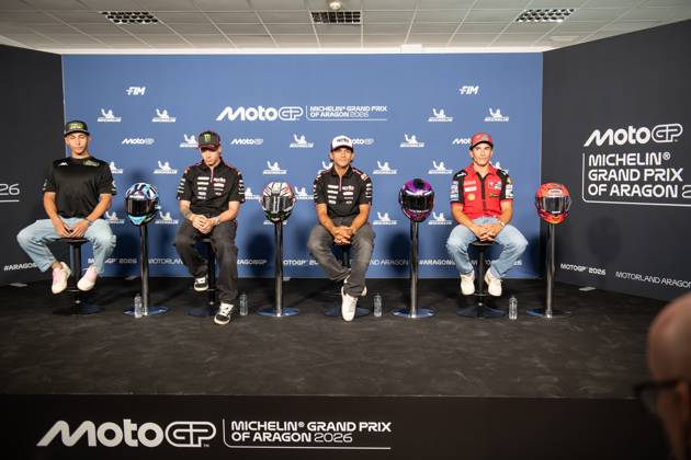 RECORD DATE NOT STATED MotoGP, 13th round of the World Championship, WM, Weltmeisterschaft in Aragon. Aragon (Spain), 27 08 2026 - Raul Fernandez (25), rider for the Superfile Trackhouse MotoGP Team, Marco Bezzecchi (72), rider for Aprilia Racing, Jorge Martin (89), rider for Aprilia Racing and Marc Marquez (93), rider for the Ducati Lenovo Team, during the press conference, PK, Pressekonferenz for the 13th round of the MotoGP World Championship, Aragon Grand Prix, Motorland Spain Aragao Spain Copyright: xJoaquimxGalantex