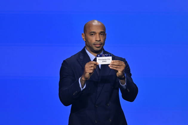 UEFA Champions League 2026 27 league phase draw in Monaco MONACO - AUGUST 27: French former football player Thierry Henry shows the paper slip of Manchester City (ENG) during the draw ceremony for the league phase of the 2026-2027 UEFA Champions League football tournament at the Grimaldi Forum in the Principality of Monaco on August 27, 2026. Mustafa Yalcin Anadolu Monaco Monaco. Editorial use only. Please get in touch for any other usage. Copyright: x2026xAnadoluxMustafaxYalcinx