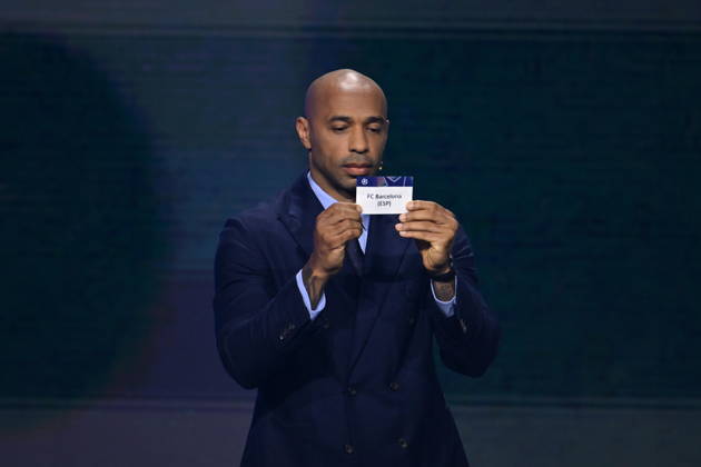 UEFA Champions League 2026 27 league phase draw in Monaco MONACO - AUGUST 27: French former football player Thierry Henry shows the paper slip of FC Barcelona, Barca (ESP) during the draw ceremony for the league phase of the 2026-2027 UEFA Champions League football tournament at the Grimaldi Forum in the Principality of Monaco on August 27, 2026. Mustafa Yalcin Anadolu Monaco Monaco. Editorial use only. Please get in touch for any other usage. Copyright: x2026xAnadoluxMustafaxYalcinx