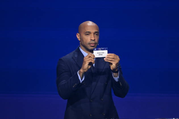 UEFA Champions League 2026 27 league phase draw in Monaco MONACO - AUGUST 27: French former football player Thierry Henry shows the paper slip of Aston Villa (ENG) during the draw ceremony for the league phase of the 2026-2027 UEFA Champions League football tournament at the Grimaldi Forum in the Principality of Monaco on August 27, 2026. Mustafa Yalcin Anadolu Monaco Monaco. Editorial use only. Please get in touch for any other usage. Copyright: x2026xAnadoluxMustafaxYalcinx