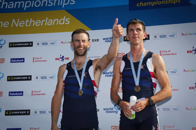 RECORD DATE NOT STATED 27th August 2026; Bosbaan, Amsterdam, Holland, Netherlands; 2026 World Rowing Championships, Day Four; the medal ceremony; United States Lightweight Mens Double Sculls (LM2x) with Jamie Copus and Sean Richardson bronze medallists AnthonyxBenoit