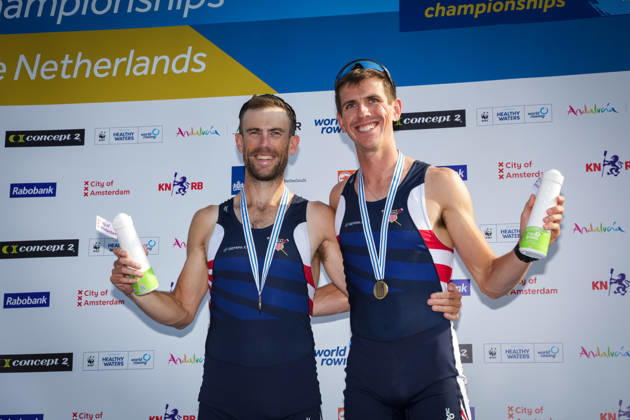 RECORD DATE NOT STATED 27th August 2026; Bosbaan, Amsterdam, Holland, Netherlands; 2026 World Rowing Championships, Day Four; the medal ceremony; United States Lightweight Mens Double Sculls (LM2x) with Jamie Copus and Sean Richardson bronze medallists AnthonyxBenoit