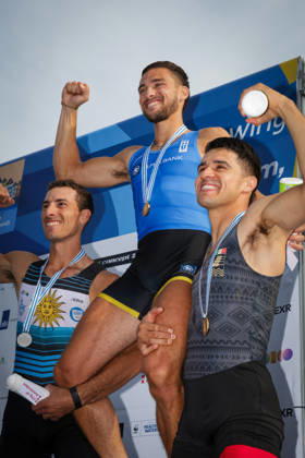 RECORD DATE NOT STATED 27th August 2026; Bosbaan, Amsterdam, Holland, Netherlands; 2026 World Rowing Championships, Day Four; the medal ceremony; Uruguay Lightweight Mens Single Sculls (LM1x) with Felipe Kluver Ferreira silver medallist, Greece Lightweight Mens Single Sculls (LM1x) with Petros Gkaidatzis gold medallist and Mexico Lightweight Mens Single Sculls (LM1x) with Alexis Lopez Garcia bronze medallist AnthonyxBenoit