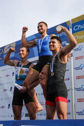 RECORD DATE NOT STATED 27th August 2026; Bosbaan, Amsterdam, Holland, Netherlands; 2026 World Rowing Championships, Day Four; the medal ceremony; Uruguay Lightweight Mens Single Sculls (LM1x) with Felipe Kluver Ferreira silver medallist, Greece Lightweight Mens Single Sculls (LM1x) with Petros Gkaidatzis gold medallist and Mexico Lightweight Mens Single Sculls (LM1x) with Alexis Lopez Garcia bronze medallist AnthonyxBenoit