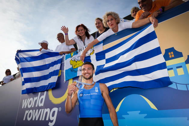 RECORD DATE NOT STATED 27th August 2026; Bosbaan, Amsterdam, Holland, Netherlands; 2026 World Rowing Championships, Day Four; Greek fans celebrate with Greece Lightweight Mens Single Sculls (LM1x) with Petros Gkaidatzis gold medallist AnthonyxBenoit