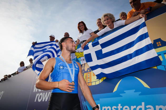 RECORD DATE NOT STATED 27th August 2026; Bosbaan, Amsterdam, Holland, Netherlands; 2026 World Rowing Championships, Day Four; Greek fans celebrate with Greece Lightweight Mens Single Sculls (LM1x) with Petros Gkaidatzis gold medallist AnthonyxBenoit