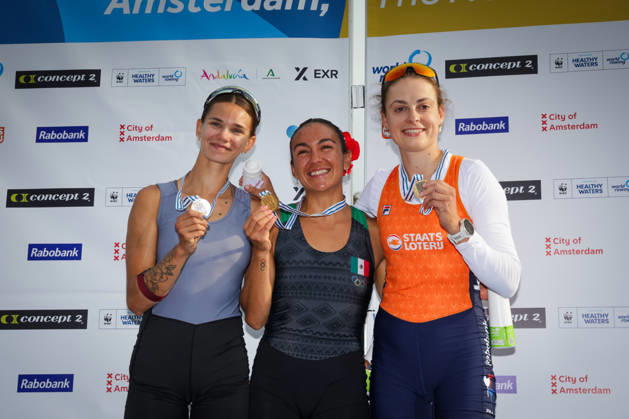 RECORD DATE NOT STATED 27th August 2026; Bosbaan, Amsterdam, Holland, Netherlands; 2026 World Rowing Championships, Day Four; the medal ceremony; Mexico Lightweight Womens Single Sculls (LW1x) with Kenia Lechuga Alanis gold medallist, Individual Neutral Athletes (AIN) Lightweight Womens Single Sculls (LW1x) with Mariia Zhovner silver medallist and Netherlands Lightweight Womens Single Sculls (LW1x) with Femke van de Vliet bronze medallist AnthonyxBenoit